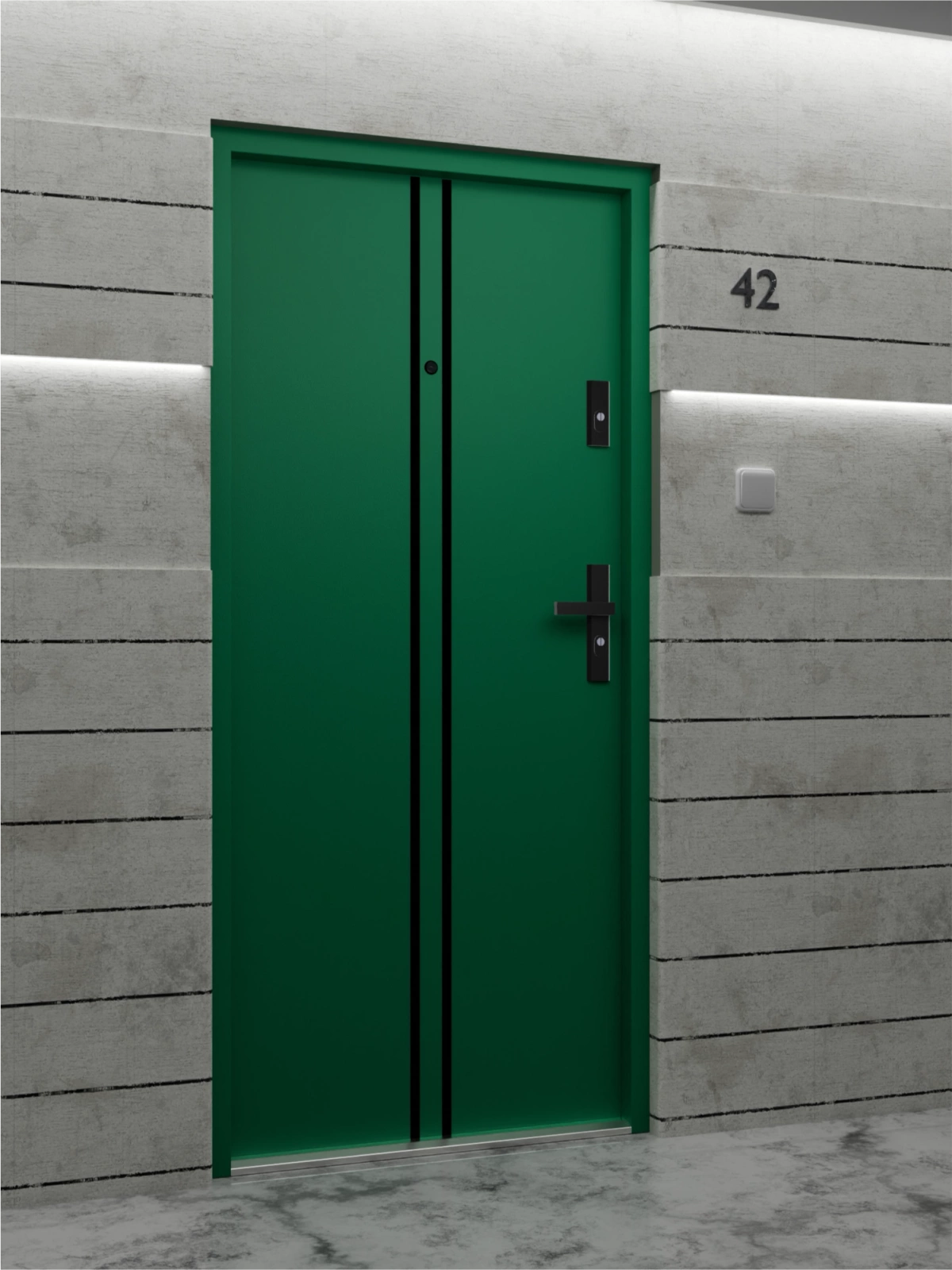Drzwi wewnątrzklatkowe antywłamaniowe RC3 z Certyfikatem akustyczne wyciszające 47 dB 55 mm stalowe z klamką czarną i aplikacjami zielone A7