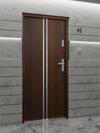 Drzwi wewnątrzklatkowe antywłamaniowe w klasie RC4 55 mm stalowe z klamką i zawiasami srebrnymi inox orzech A7