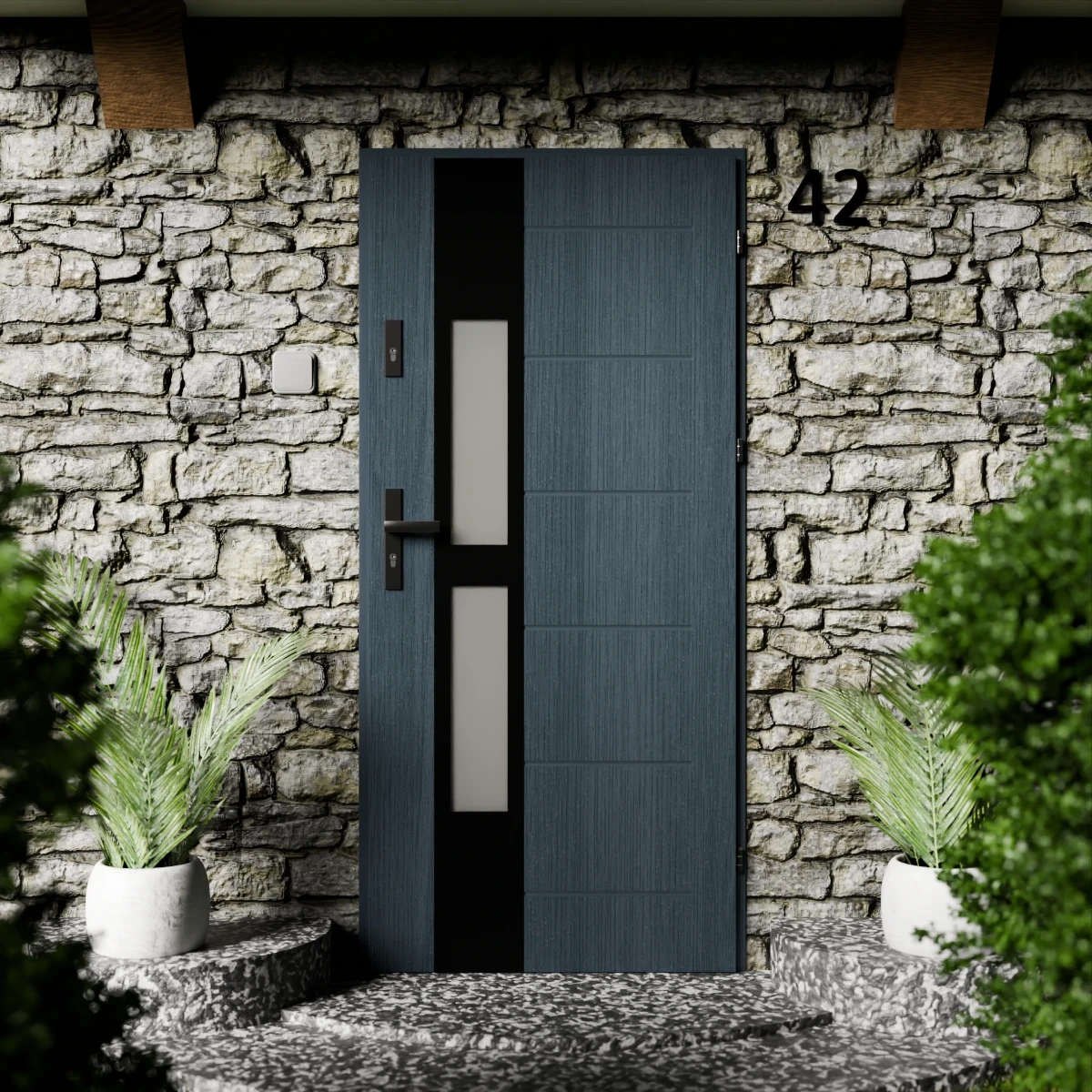 Drzwi zewnętrzne stalowe do domu Anda Black 72mm z klamką czarną energooszczędne Ud=1.3 lustro weneckie szyba mleczna Program Czyste Powietrze