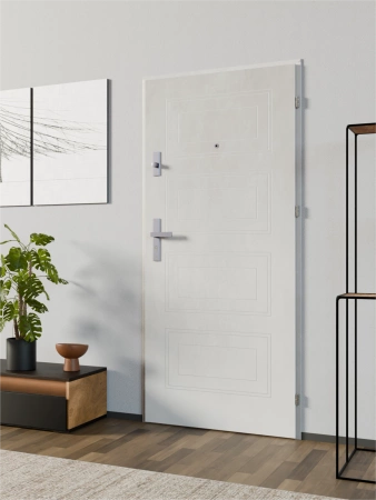 Drzwi wewnątrzklatkowe antywłamaniowe RC3 z Certyfikatem akustyczne wyciszające 47 dB 55 mm stalowe z tłoczeniami z klamką inox srebrną beton T34