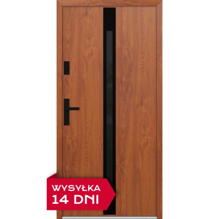 Drzwi zewnętrzne do domu stalowo aluminiowe 68 mm z szybą i czarnymi okuciami ATU68 złoty dąb Program Czyste Powietrze M525