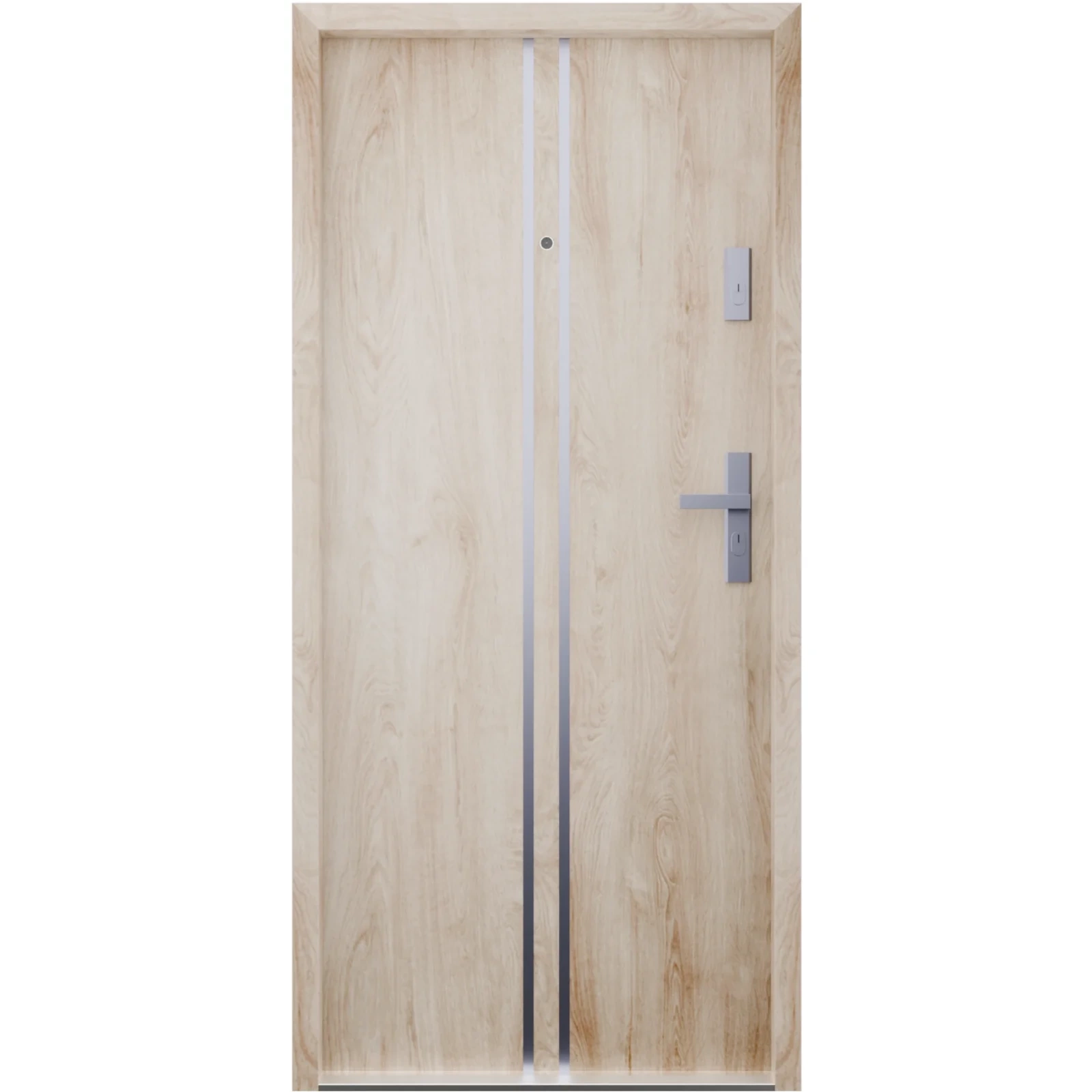 Drzwi klatkowe wejściowe do mieszkania w bloku wygłuszające 47 dB antywłamaniowe RC3 55 mm stalowe z klamką inox i aplikacjami dąb turner A7