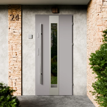 Drzwi zewnętrzne stalowe do domu Modern Inox 72mm z antabą/pochwytem energooszczędne Ud=1.3 lustro weneckie szyba mleczna Program Czyste Powietrze