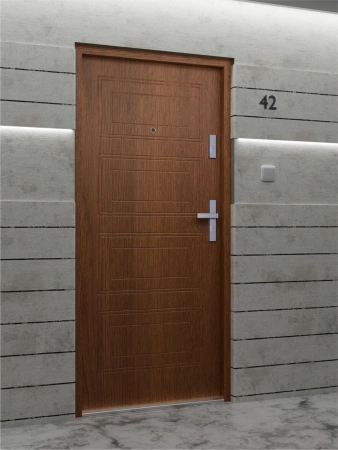 Drzwi wewnątrzklatkowe antywłamaniowe w klasie RC4 55 mm stalowe z klamką i zawiasami srebrnymi inox złoty dąb T34