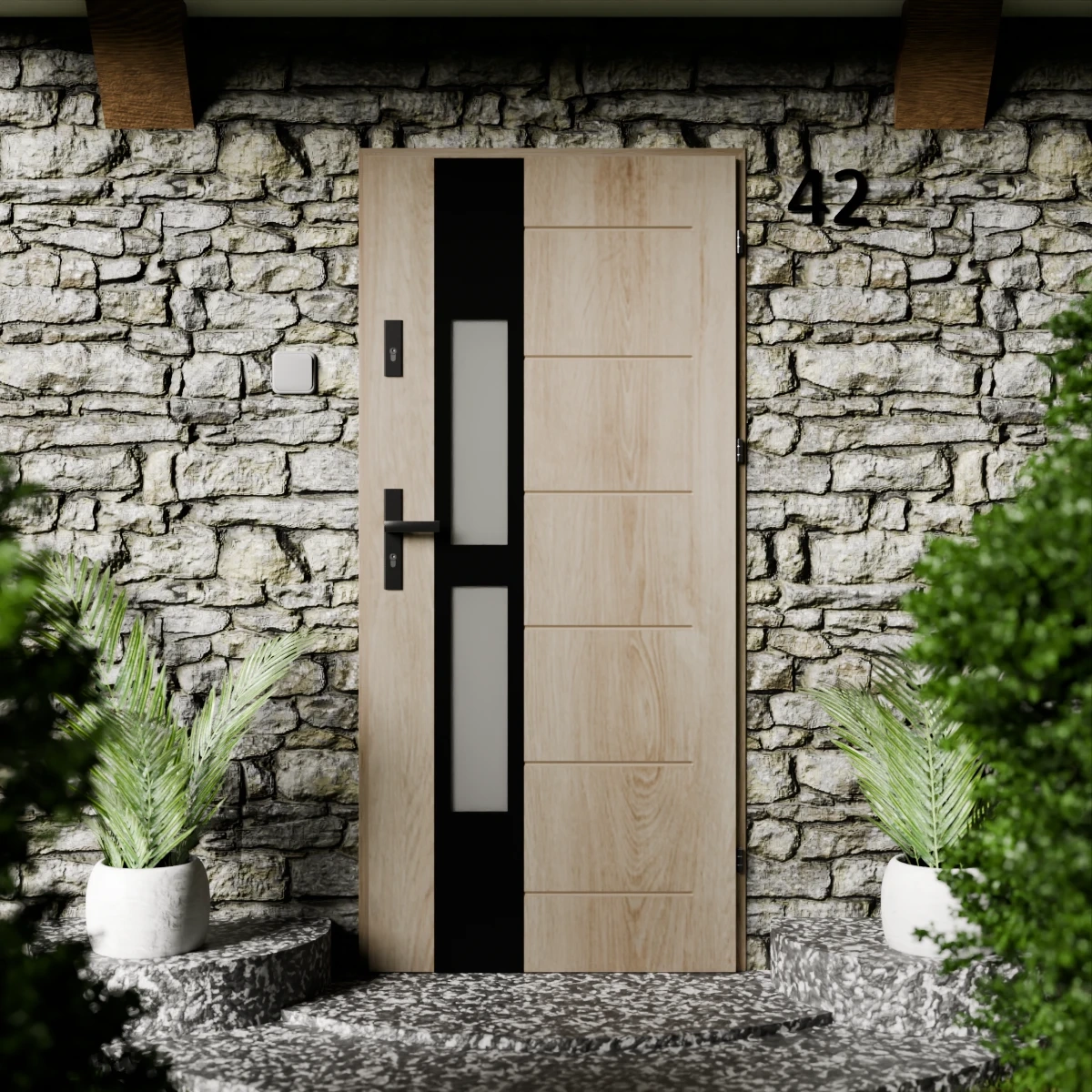 Drzwi zewnętrzne stalowe do domu Anda Black 72mm z klamką czarną energooszczędne Ud=1.3 lustro weneckie szyba mleczna Program Czyste Powietrze