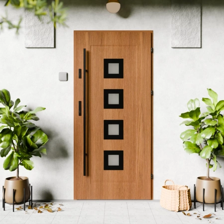 Drzwi zewnętrzne stalowe do domu Quarto Black 72mm z antabą/pochwytem energooszczędne Ud=1.3 reflex brązowy szyba mleczna Program Czyste Powietrze