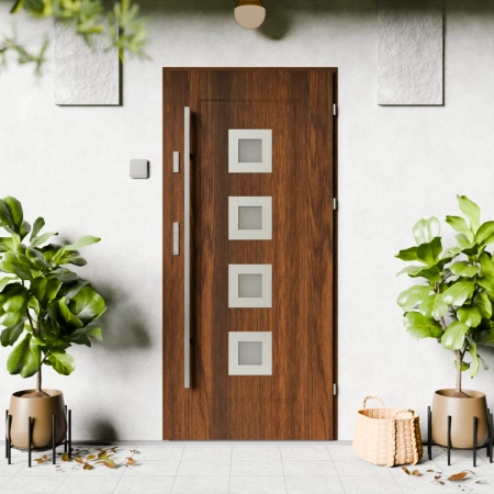 Drzwi zewnętrzne stalowe do domu Quarto Inox 72mm z antabą/pochwytem energooszczędne Ud=1.3 reflex szary szyba mleczna Program Czyste Powietrze