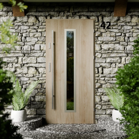 Drzwi zewnętrzne stalowe do domu Presto Inox 72mm z antabą/pochwytem energooszczędne Ud=1.3 lustro weneckie szyba mleczna Program Czyste Powietrze