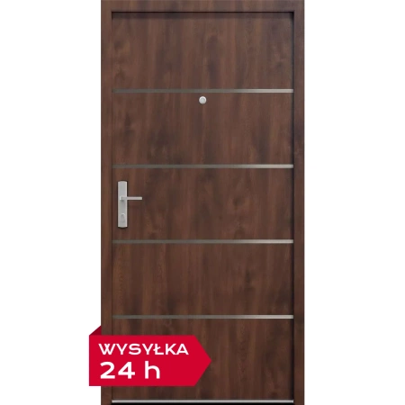 Drzwi klatkowe wejściowe do mieszkania w bloku z ościeżnicą akustyczne wyciszające 44 dB antywłamaniowe RC3 dymoszczelne 68mm stalowe orzech M02