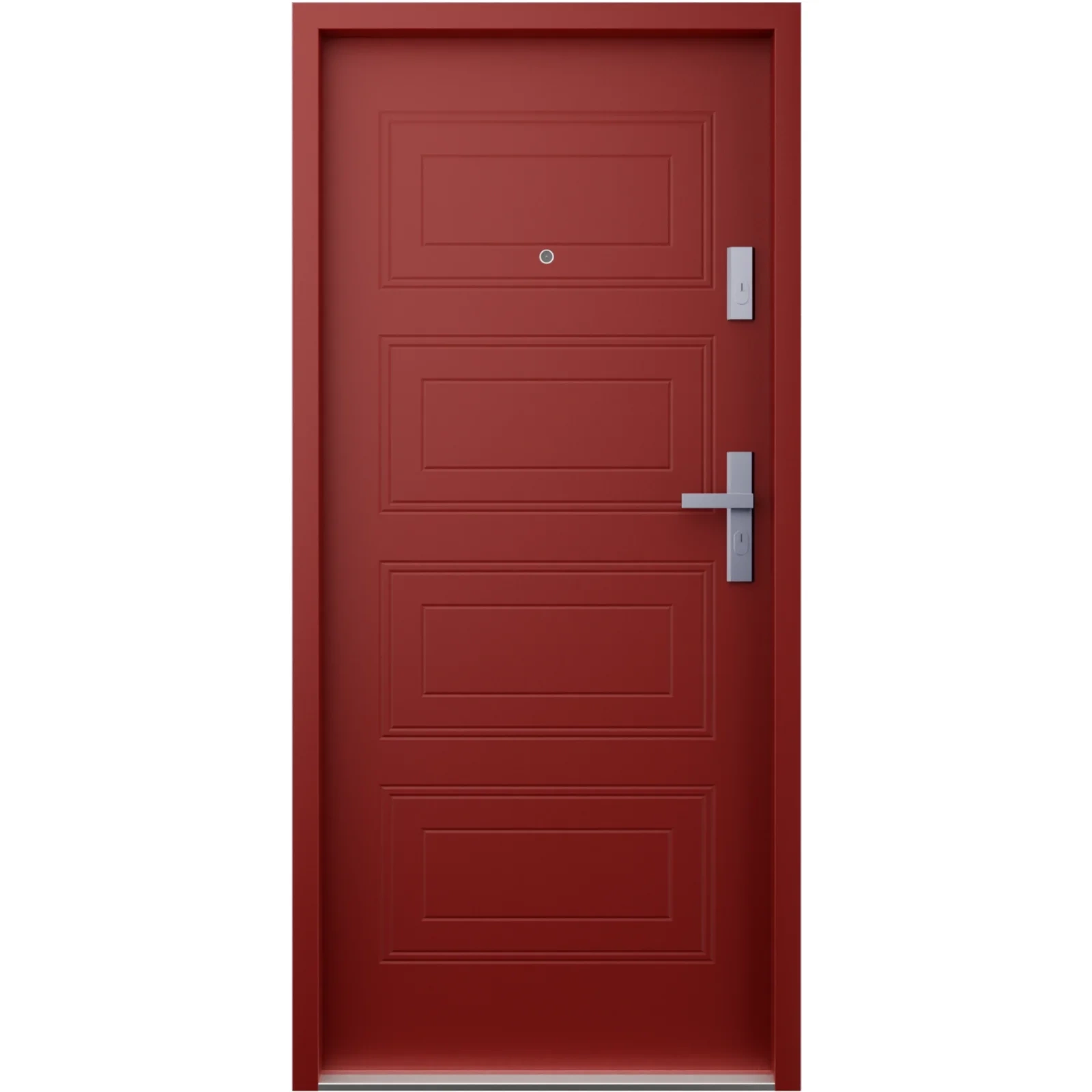 Drzwi wewnątrzklatkowe antywłamaniowe RC3 z Certyfikatem akustyczne wyciszające 47 dB 55 mm stalowe z tłoczeniami z klamką inox srebrną czerwone T34