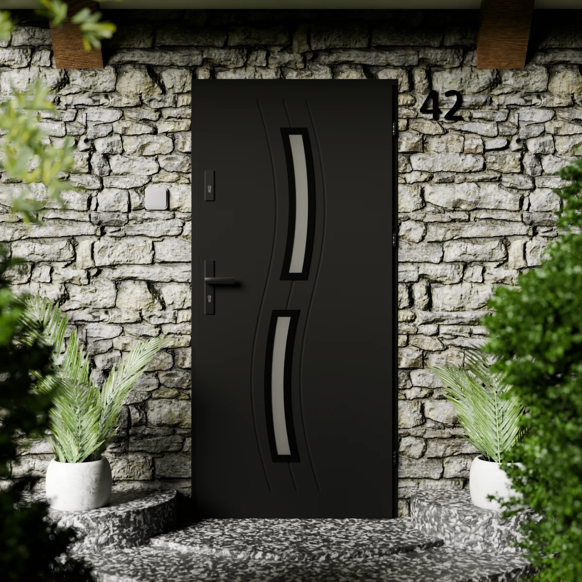 Drzwi zewnętrzne stalowe do domu Twista Black 72mm z klamką czarną energooszczędne Ud=1.3 lustro weneckie szyba mleczna Program Czyste Powietrze