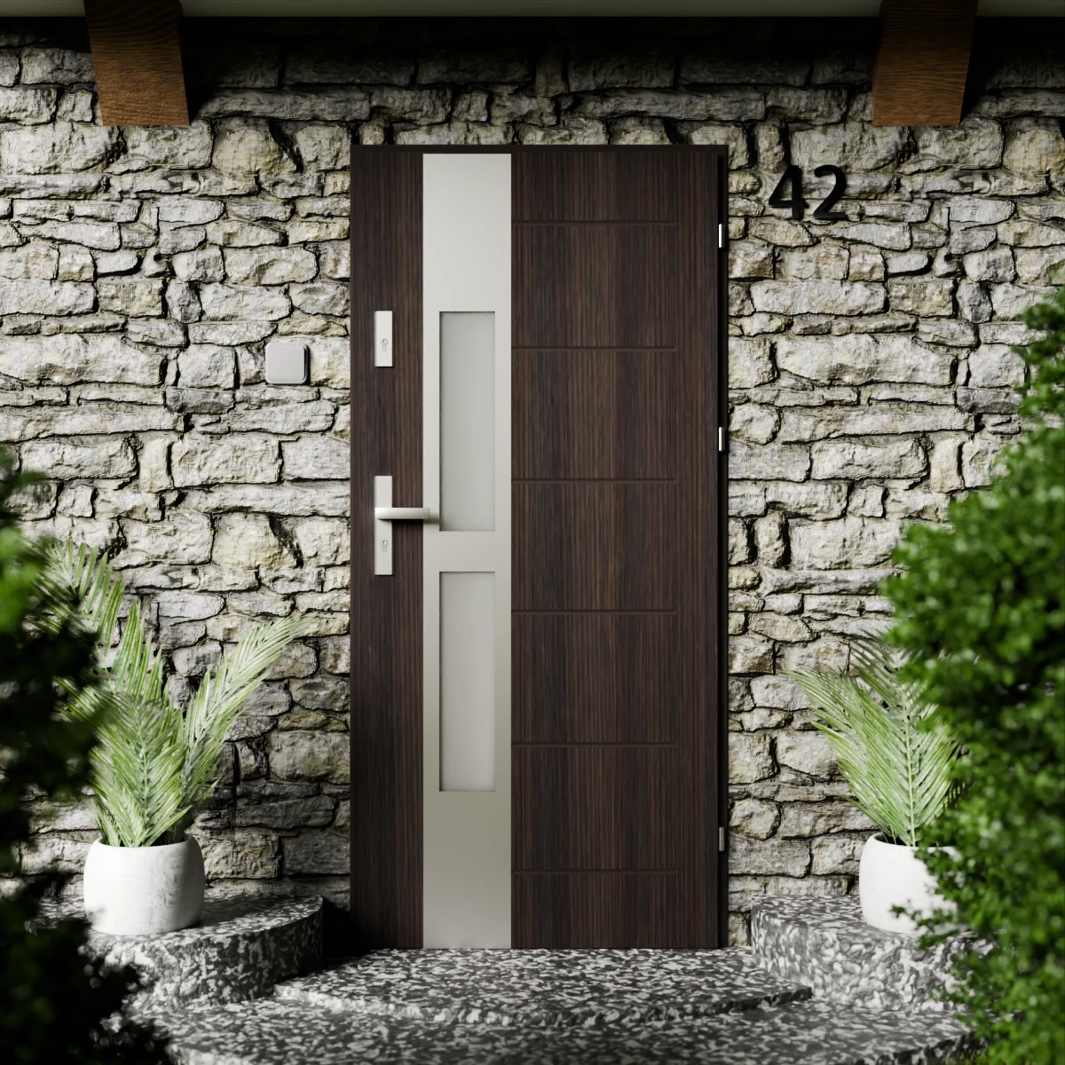 Drzwi zewnętrzne stalowe do domu Anda Inox 72mm z klamką energooszczędne Ud=1.3 lustro weneckie szyba mleczna Program Czyste Powietrze