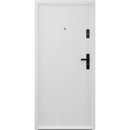 Drzwi wewnątrzklatkowe antywłamaniowe RC3 z Certyfikatem akustyczne wyciszające 47 dB 55 mm stalowe gładkie z klamką czarną biały drewnopodobny G00