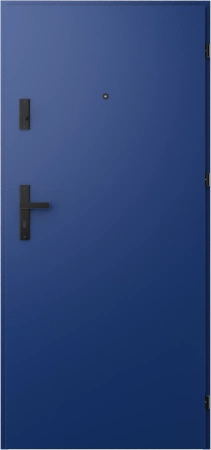 Drzwi wewnątrzklatkowe antywłamaniowe RC3 z Certyfikatem akustyczne wyciszające 47 dB 55 mm stalowe z klamką czarną i aplikacjami niebieskie A7