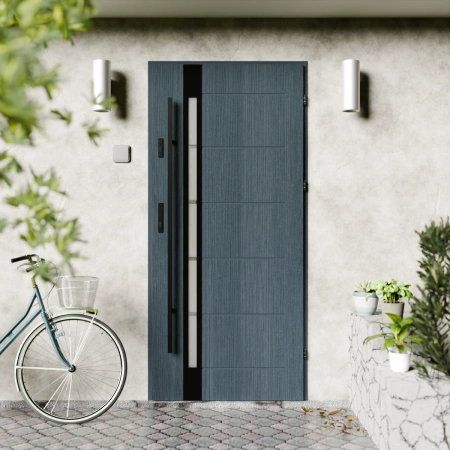 Drzwi zewnętrzne stalowe do domu Toreno Black 72mm z antabą/pochwytem energooszczędne Ud=1.3 lustro weneckie szyba mleczna Program Czyste Powietrze