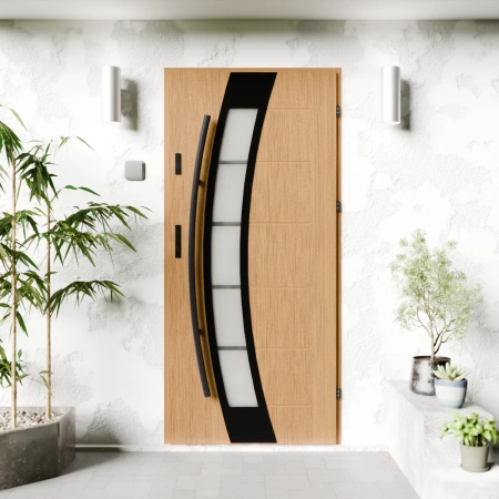 Drzwi zewnętrzne stalowe do domu Efekta Black 72mm z antabą/pochwytem energooszczędne Ud=1.3 lustro weneckie szyba mleczna Program Czyste Powietrze