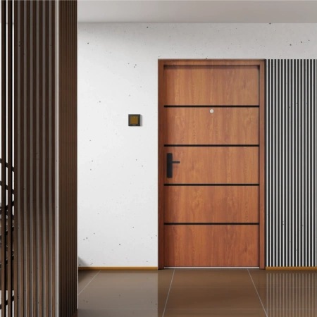 Drzwi klatkowe wejściowe do mieszkania w bloku z ościeżnicą akustyczne wyciszające 44 dB antywłamaniowe RC3 dymoszczelne 68mm stalowe złoty dąb M02