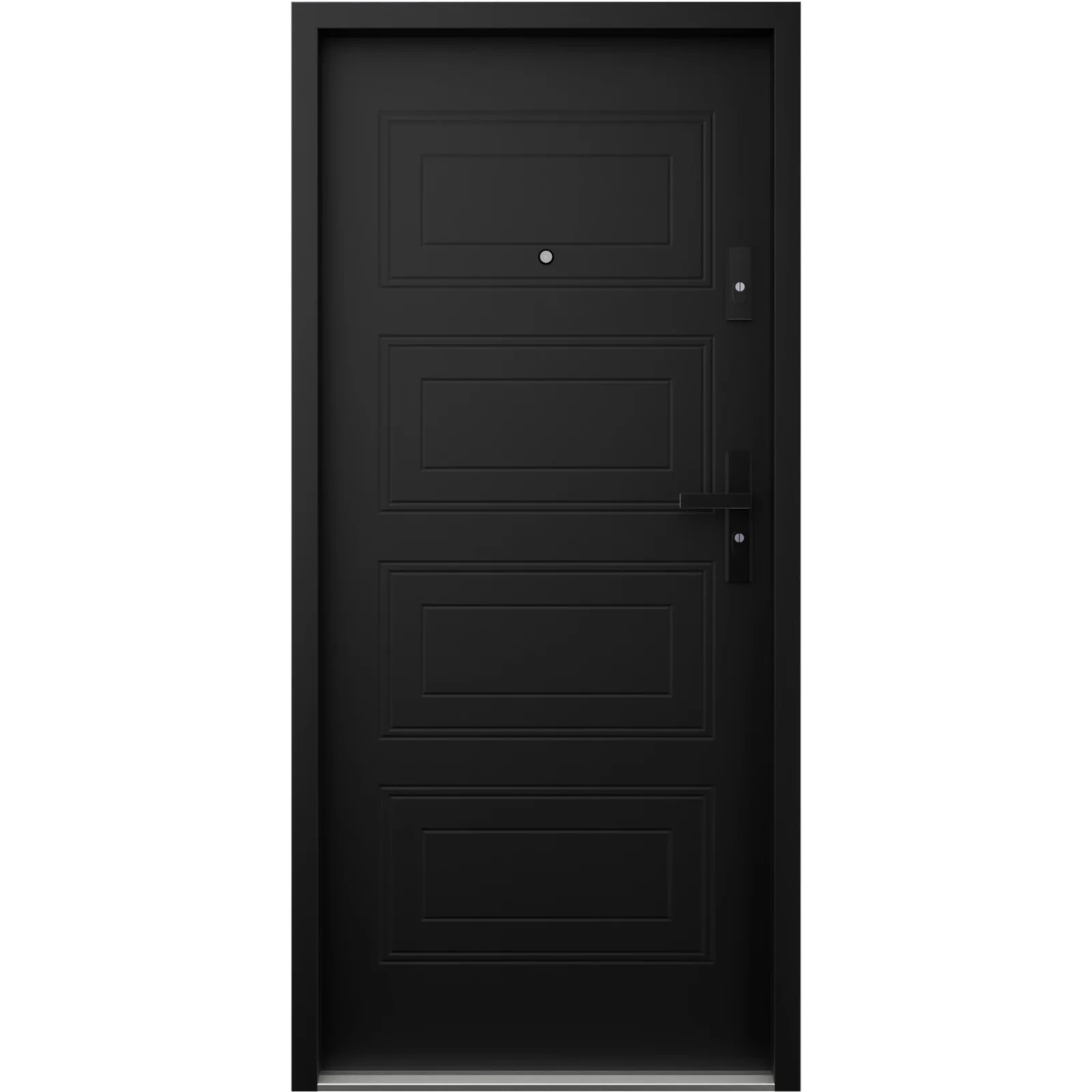 Drzwi klatkowe wejściowe do mieszkania w bloku antywłamaniowe RC3 wygłuszające 47 dB 55 mm stalowe z tłoczeniami z czarną klamką czarne T34