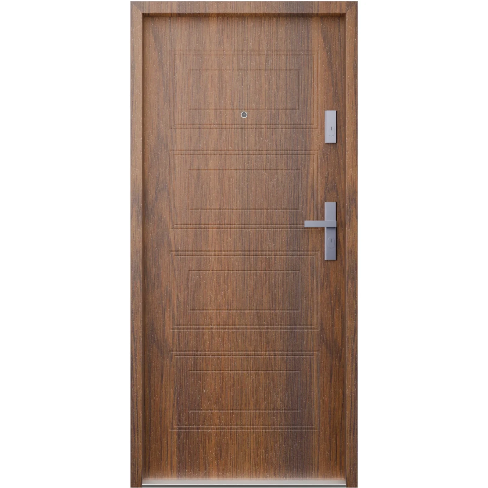 Ekonomiczne drzwi wewnątrzklatkowe wejściowe do mieszkania z klatki schodowej 55 mm stalowe orzech T34