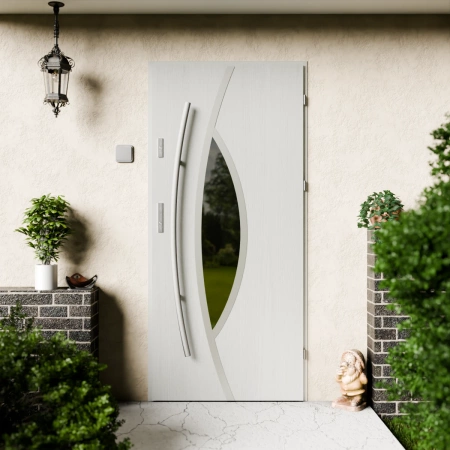 Drzwi zewnętrzne stalowe do domu Maestro Inox 72 mm z antabą/pochwytem energooszczędne Ud=1.3 lustro weneckie szyba mleczna Program Czyste Powietrze