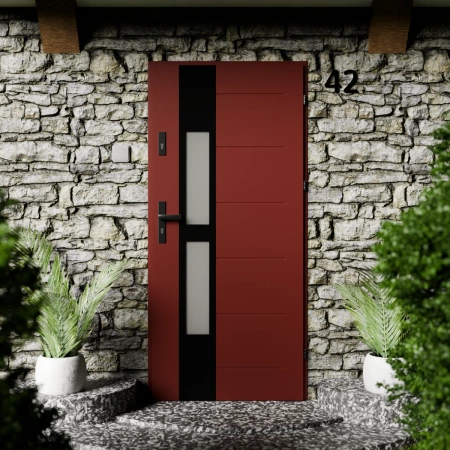 Drzwi zewnętrzne stalowe do domu Anda Black 72mm z klamką czarną energooszczędne Ud=1.3 lustro weneckie szyba mleczna Program Czyste Powietrze