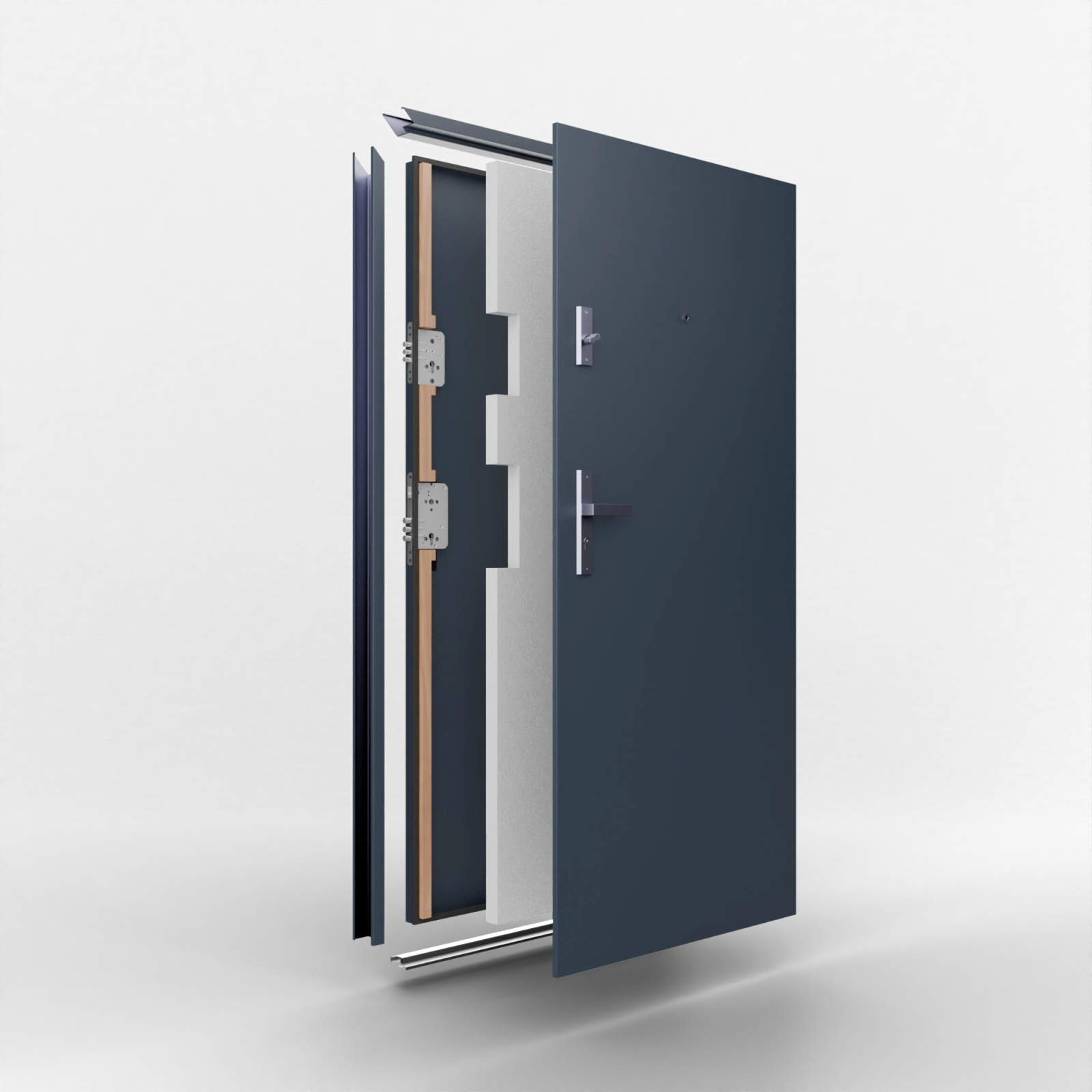 Ekonomiczne drzwi wewnątrzklatkowe wejściowe do mieszkania z klatki schodowej 55 mm stalowe niebieskie A7