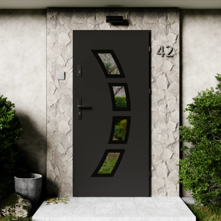Drzwi zewnętrzne stalowe do domu Cinea Black 72mm z klamką czarną energooszczędne Ud=1.3 lustro weneckie szyba mleczna Program Czyste Powietrze
