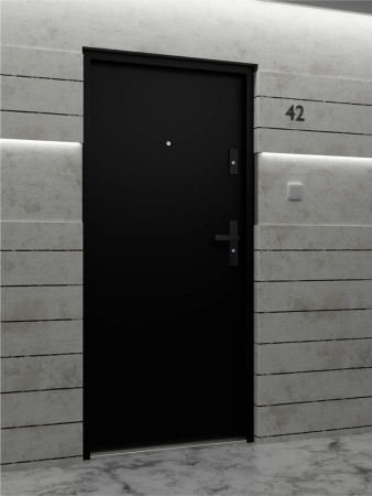 Drzwi wewnątrzklatkowe antywłamaniowe RC3 z Certyfikatem akustyczne wyciszające 47 dB 55 mm stalowe gładkie z czarną klamką czarne G00