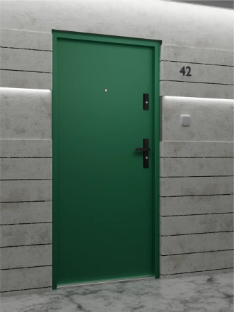 Drzwi wewnątrzklatkowe antywłamaniowe RC3 z Certyfikatem akustyczne wyciszające 47 dB 55 mm stalowe gładkie z klamką czarną zielone G00