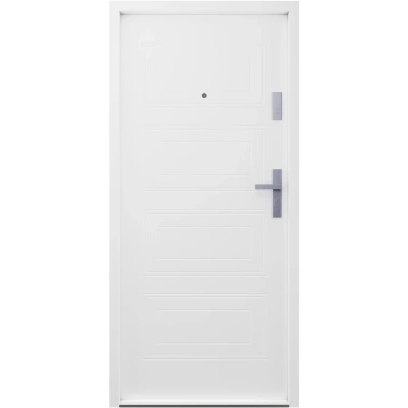 Drzwi wewnątrzklatkowe antywłamaniowe w klasie RC4 55 mm stalowe z klamką i zawiasami srebrnymi inox białe T34