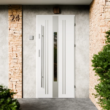 Drzwi zewnętrzne stalowe do domu Elegant Inox 72mm z antabą/pochwytem energooszczędne Ud=1.3 lustro weneckie szyba mleczna Program Czyste Powietrze