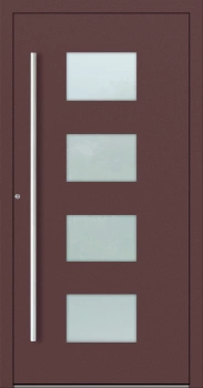 Drzwi zewnętrzne do domu aluminiowe 90 mm RC2 na wymiar klamka i antaba inox Premium Alu P90 energooszczędne z szybą czerwono brązowe M211