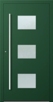 Drzwi zewnętrzne do domu aluminiowe 90 mm RC2 na wymiar klamka i antaba inox Premium Alu P90 energooszczędne z szybą zielone M210