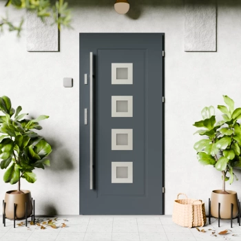 Quarto Inox CK drzwi zewnętrzne 72 mm z antabą/pochwytem energooszczędne Ud-1.3 przeszklone reflex szary szyba mleczna Program Czyste Powietrze