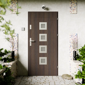 Quarto Inox CK drzwi zewnętrzne 72 mm z klamką energooszczędne U <= 1.3 przeszklone lustro weneckie szyba mleczna Program Czyste Powietrze