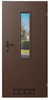 Drzwi techniczne 40 mm do pomieszczeń gospodarczych piwnicy garażu komórki WC boczne z szybą przezroczystą i kratką wentylacyjną brązowe