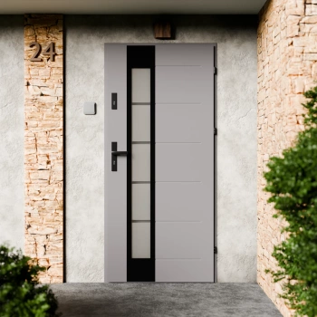 Drzwi zewnętrzne stalowe do domu Sanda Black 72mm z klamką czarną energooszczędne Ud=1.3 lustro weneckie szyba mleczna Program Czyste Powietrze