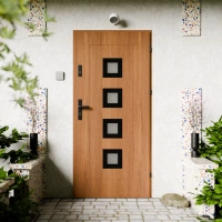 Quarto Black CK drzwi zewnętrzne 72 mm z klamką czarną energooszczędne Ud-1.3 przeszklone reflex brązowy i szary szyba mleczna Program Czyste Powietrze