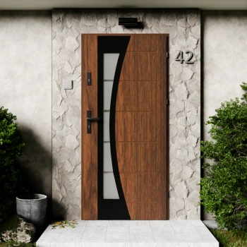 Drzwi zewnętrzne stalowe do domu Optima Black 72mm z klamką czarną energooszczędne Ud=1.3 lustro weneckie szyba mleczna Program Czyste Powietrze