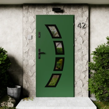 Drzwi zewnętrzne stalowe do domu Cinea Black 72mm z klamką czarną energooszczędne Ud=1.3 lustro weneckie szyba mleczna Program Czyste Powietrze