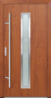 Drzwi zewnętrzne wejściowe do domu stalowo aluminiowe 82 mm DS82 przeszklone z okuciami inox złoty dąb Program Czyste Powietrze M01