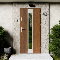 Modern Inox CK drzwi zewnętrzne 72 mm z klamką energooszczędne Ud-1.3 przeszklone lustro weneckie szyba mleczna Program Czyste Powietrze